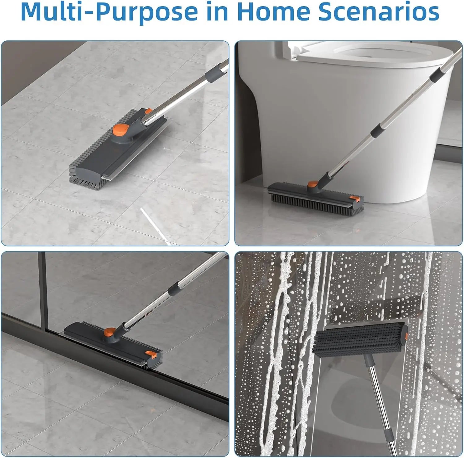 Scrub Brush with Long Handle 3 in 1 Shower Scrubber Floor Broom Squeegee for Concrete Tile Wall Deck Patio Grey 180° Stiff Bristle Brush Full Rotation Smooth Silicone Squeegee Adjustable Extended Handle