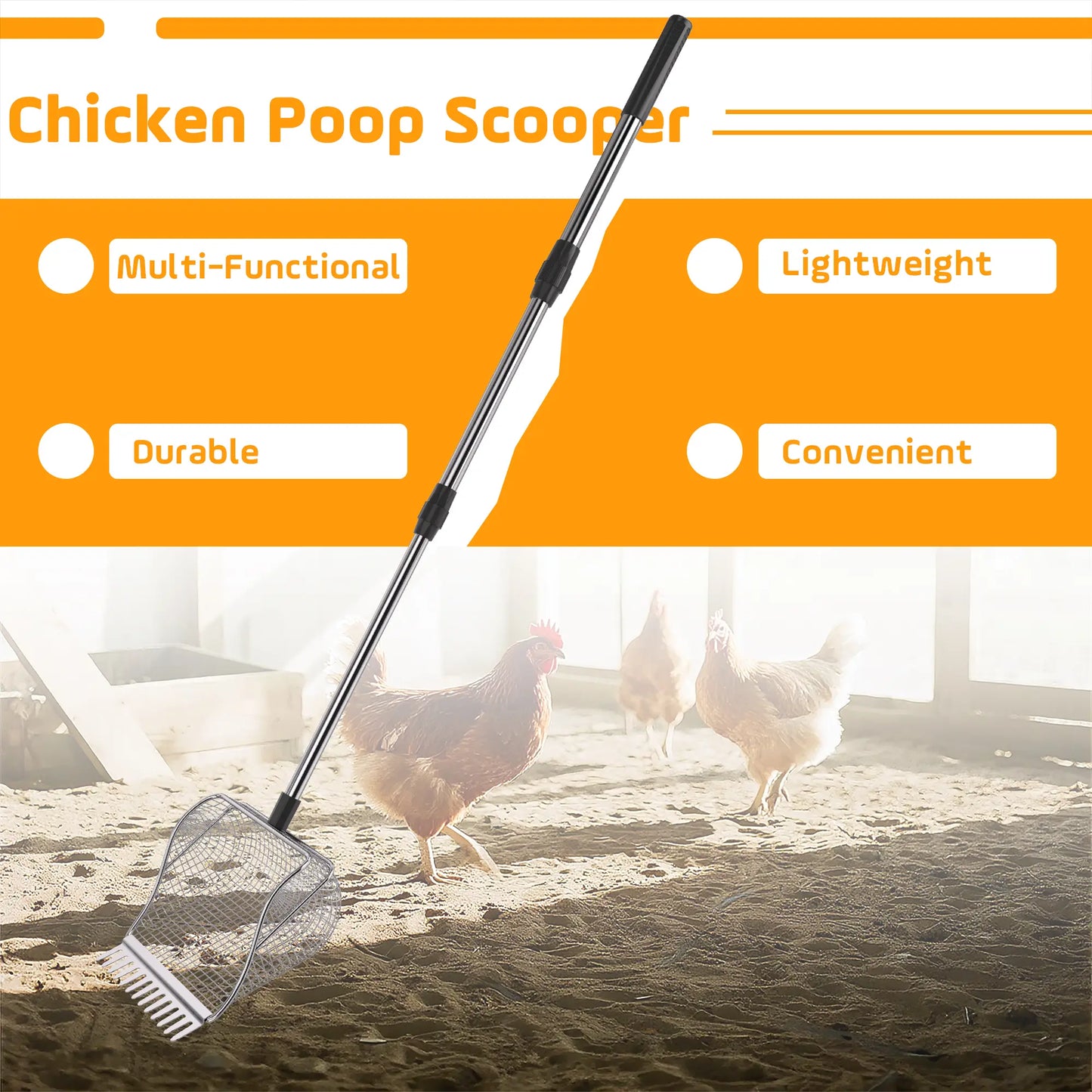 Chicken Poop Scooper, Rake&Scoop 2-In-1,Adjustable Telescopic Less Weight Handle,Sifting Shovel Litter Scooper for Chick Poultry Waste Clean at Coop Home Backyard Farm