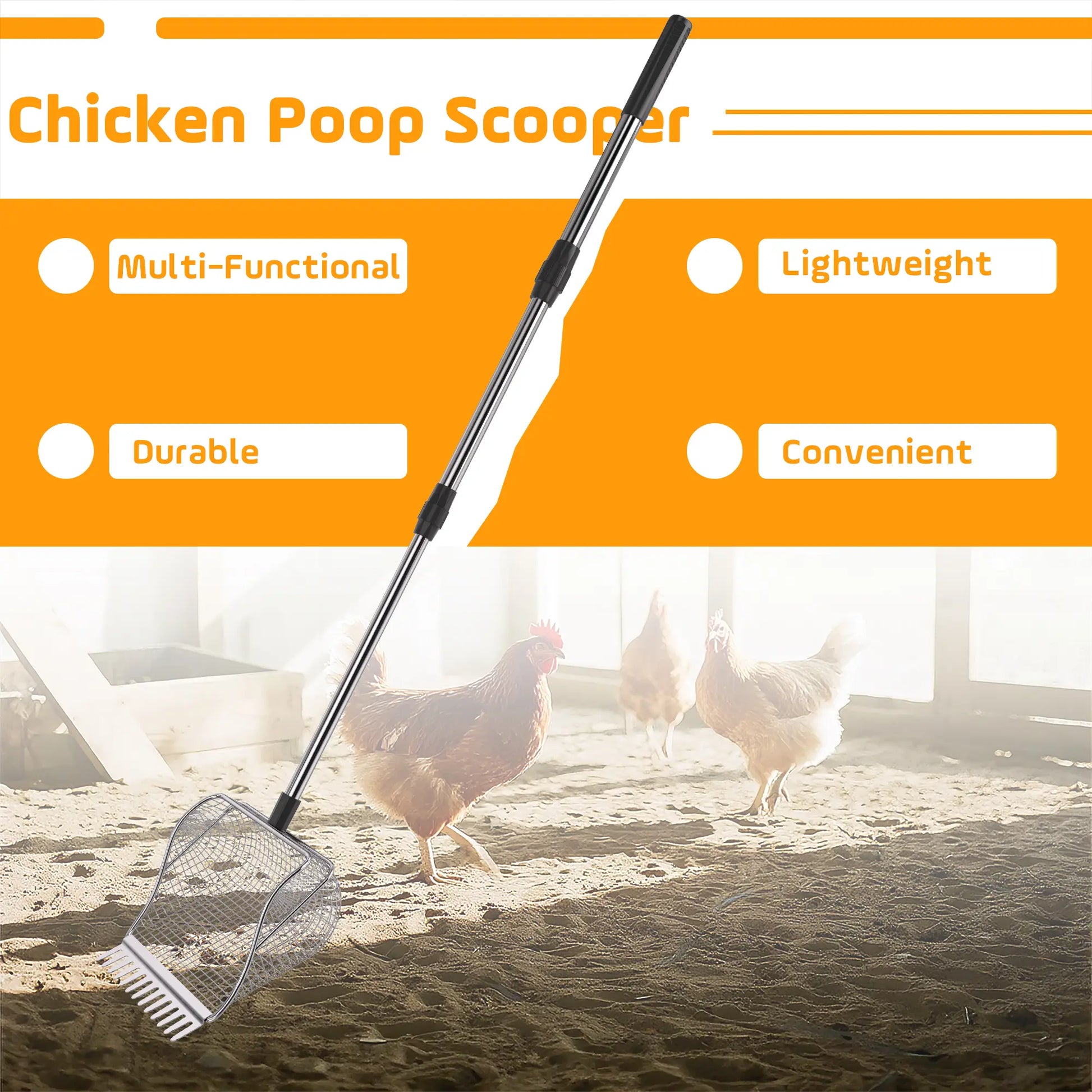 Chicken Poop Scooper, Rake&Scoop 2-In-1,Adjustable Telescopic Less Weight Handle,Sifting Shovel Litter Scooper for Chick Poultry Waste Clean at Coop Home Backyard Farm
