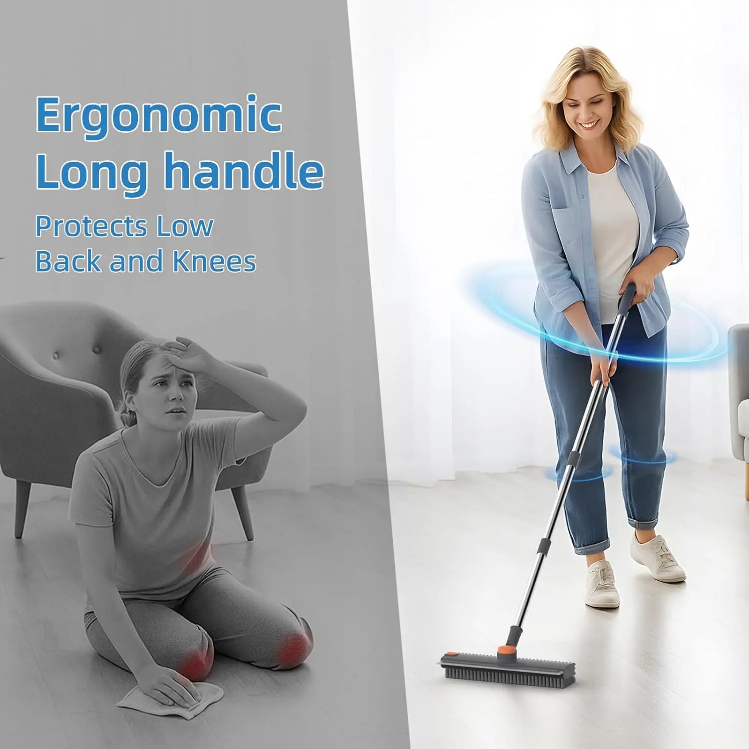 Scrub Brush with Long Handle 3 in 1 Shower Scrubber Floor Broom Squeegee for Concrete Tile Wall Deck Patio Grey 180° Stiff Bristle Brush Full Rotation Smooth Silicone Squeegee Adjustable Extended Handle