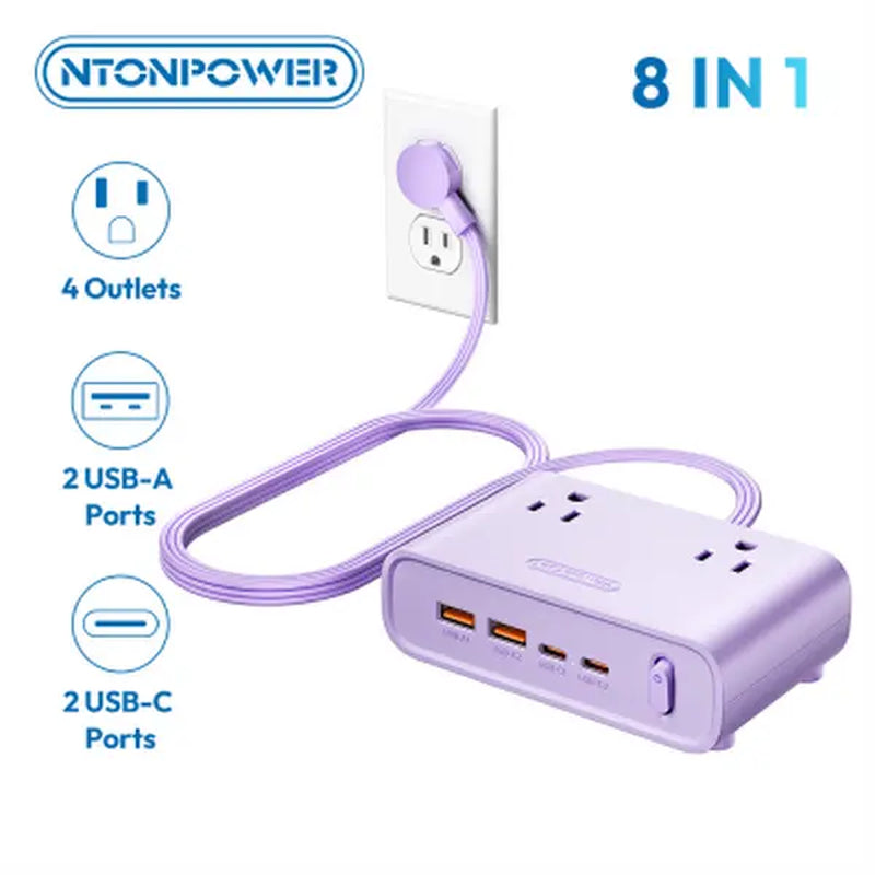 NTONPOWER Flat Plug Power Strip, Desktop Charging Station with 25W USB C Ports, Purple Extension Cord with 4 AC Outlets, 5Ft Flat Extension Cord for Home Office, Dorm Room Essentials,Mother'S Day Gift Ideas