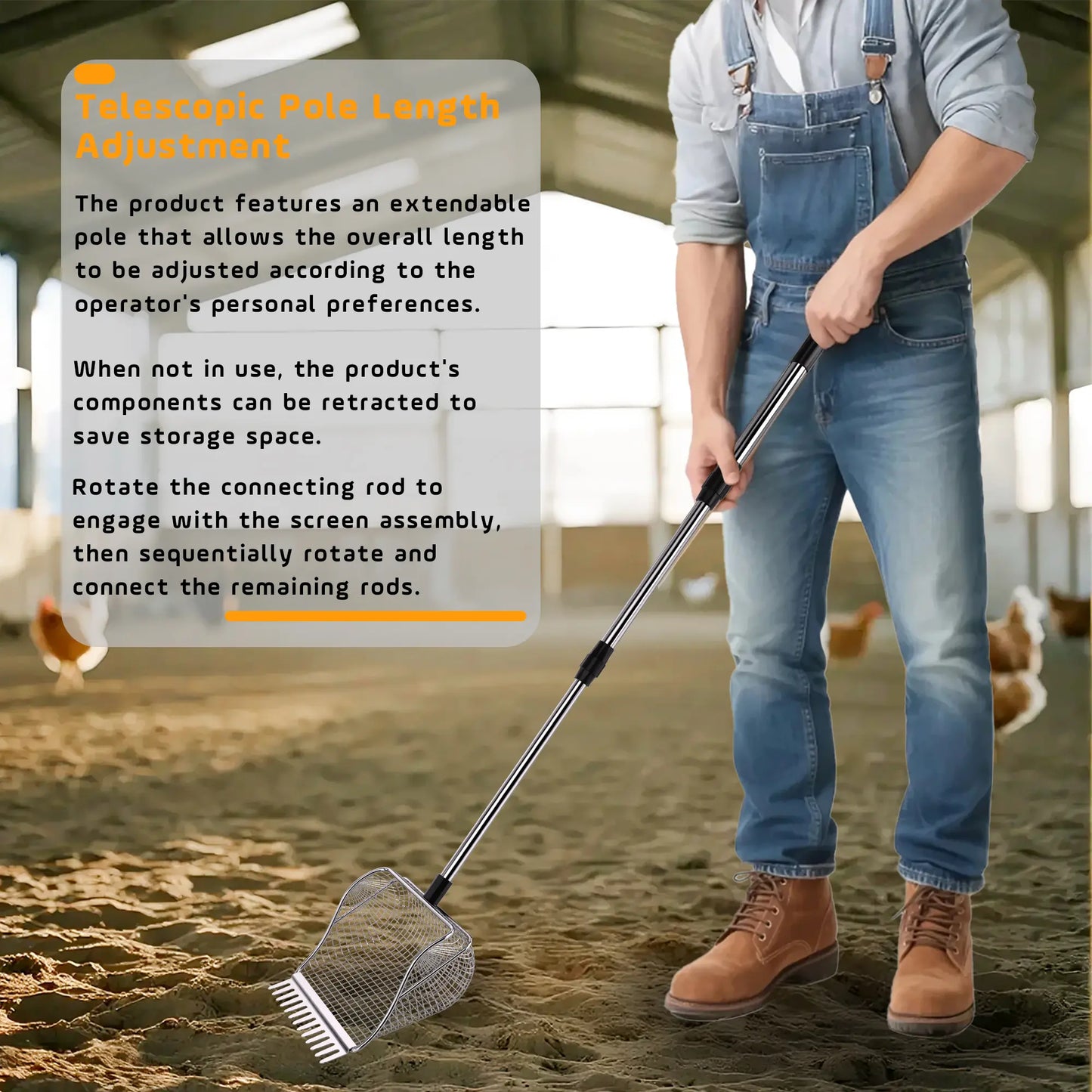Chicken Poop Scooper, Rake&Scoop 2-In-1,Adjustable Telescopic Less Weight Handle,Sifting Shovel Litter Scooper for Chick Poultry Waste Clean at Coop Home Backyard Farm