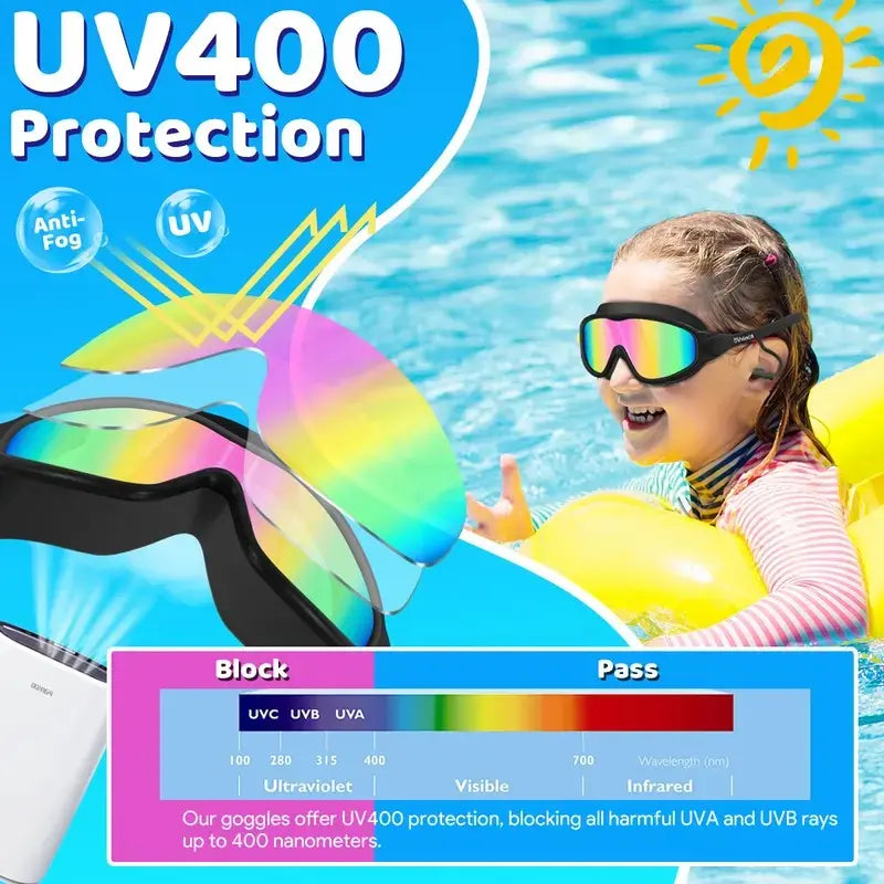 Kids' Snorkeling Mask with Earplugs & Nose Clip, Anti-Fog UV Waterproof Swim Goggles for Ages 5-14, Comfortable Silicone Frame for Safe Diving, UV Swimming Goggles, Swimming Accessories