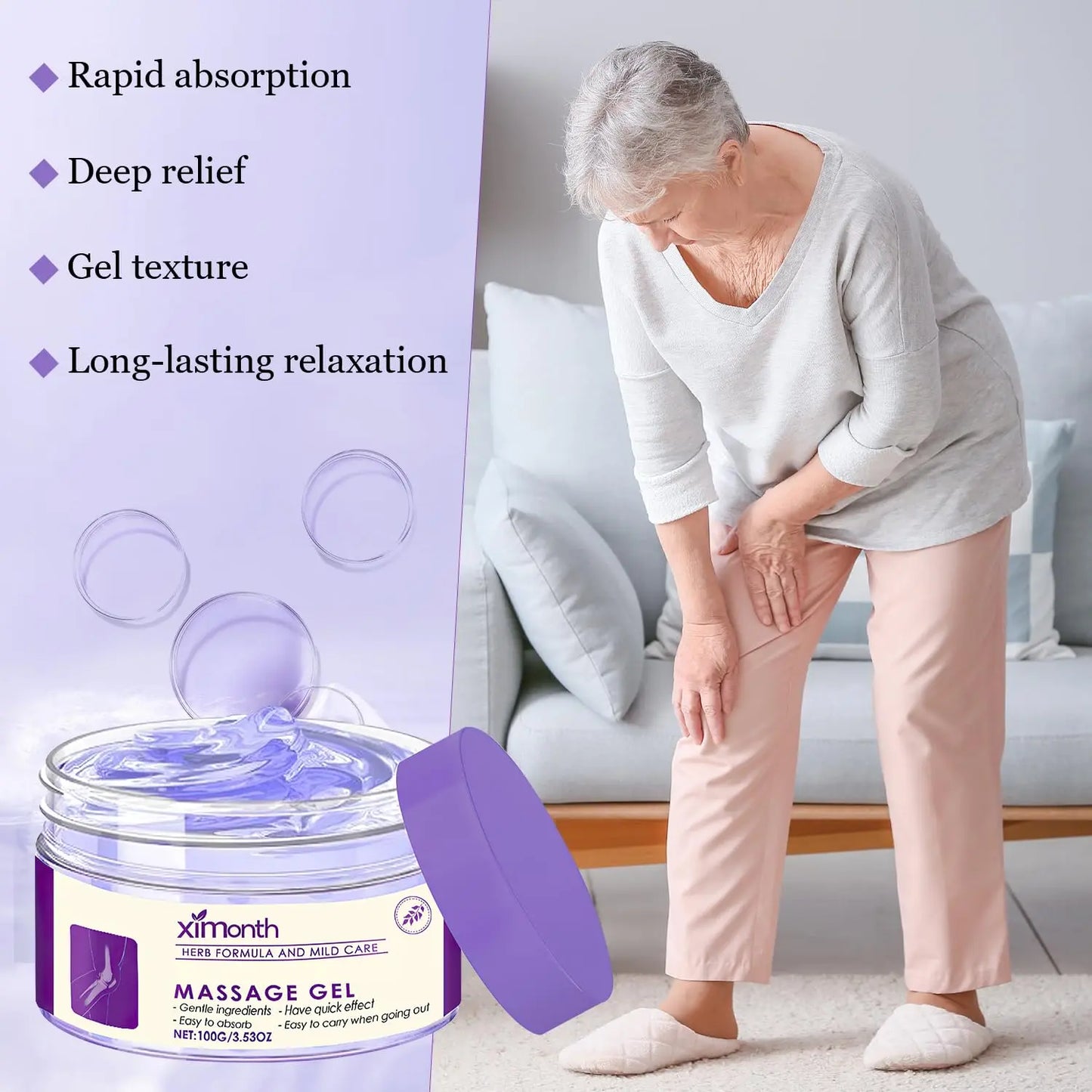 Ximonth Soothing Pain Relief Massage Gel Natural Plant Extracts Non-Greasy Fast-Absorbing Joint Discomfort Relief 100G