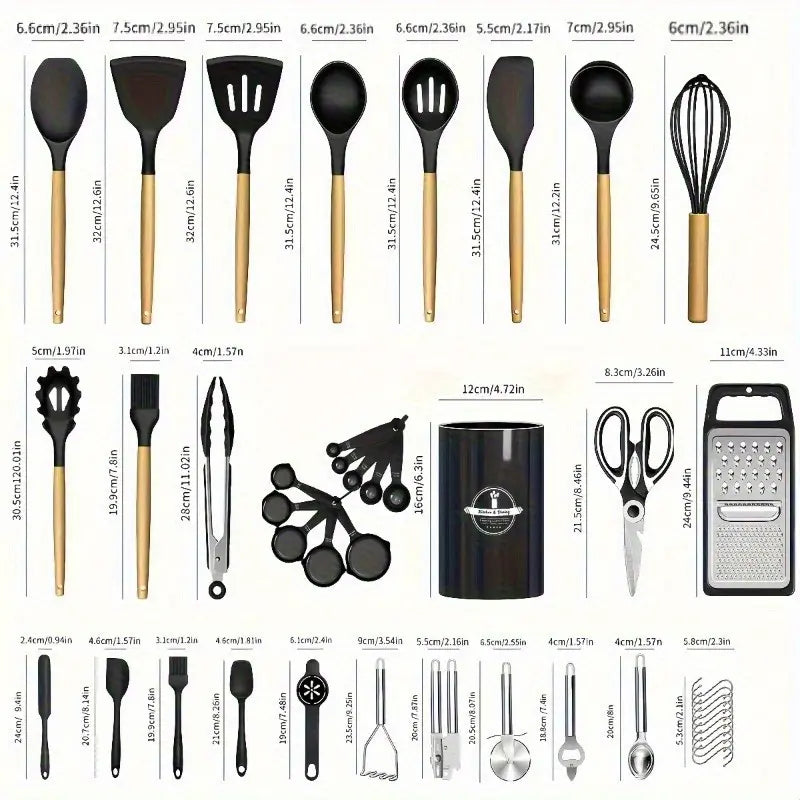34-Piece Silicone Kitchen Utensil Set with Stand Heat-Resistant Cooking Tools & Spatulas for Non-Stick Cookware Black Wooden-Handle Gadget Set in Black Pink and Red