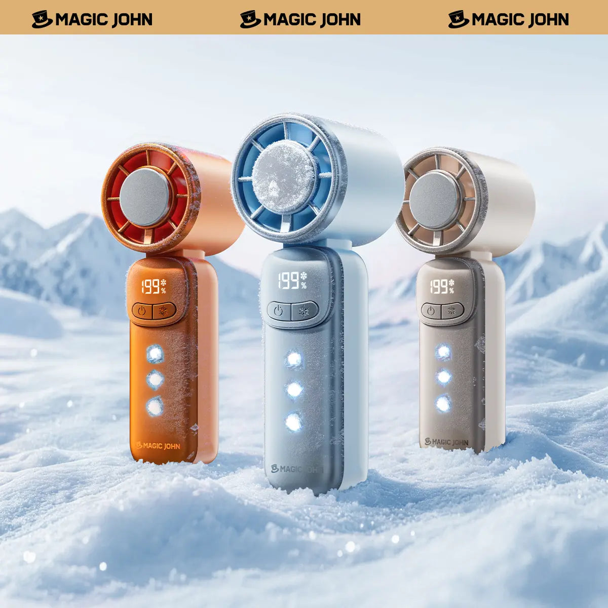 MAGIC JOHN Mini Handheld Cooling Fan – 199-Speed Precision Control, Ice-Cooling Function, LED Display, Pocket-Size Portable Fan for Travel, Summer, Concerts & Commuting