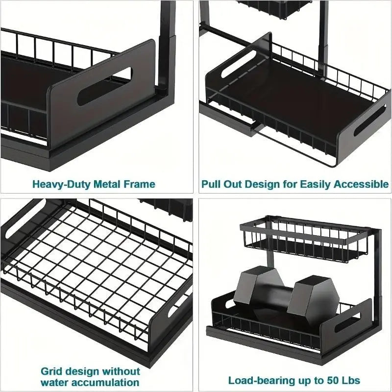 Kitchen Fixed Shelf Sink Storage, Sliding Pull-Out Cabinet Arrangement Rack, Metal Sliding Drawer, Bathroom Organizing Accessories, for Kitchen Bathroom Refrigerator Cabinet Organization Rack, Kitchen Storage Essential Goods