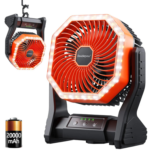 Doublepow 20000Mah Camping Fan with LED Light, Rechargeable Desktop Fan, Tent Fan with Hook, Adjustable 4-Speed Powerful Wind Speed USB Fan, Suitable for Camping Work Site, Hurricane Fishing Office