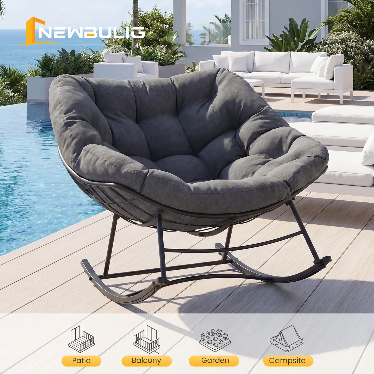 Heavy Duty Outdoor Rocking Chair with Cushion, Oversized Egg Lounge, 450 Lbs All-Weather Glider for Patio, Garden, Living Room