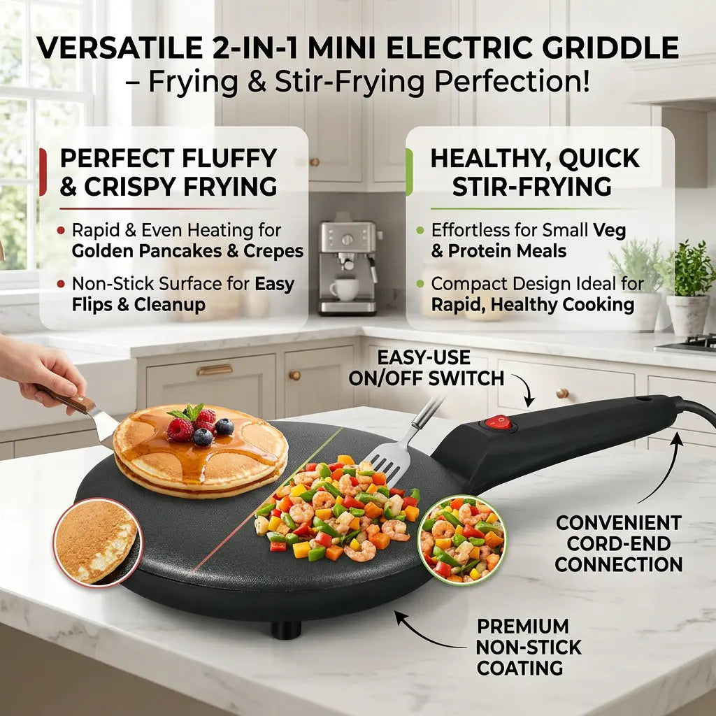 Multi-Function Pancake Maker, Non-Stick Crepe Maker & Crepe Machine - Non-Stick Heating Plate with LED Indicator Light, Easy to Clean, Compact Home Breakfast Machine