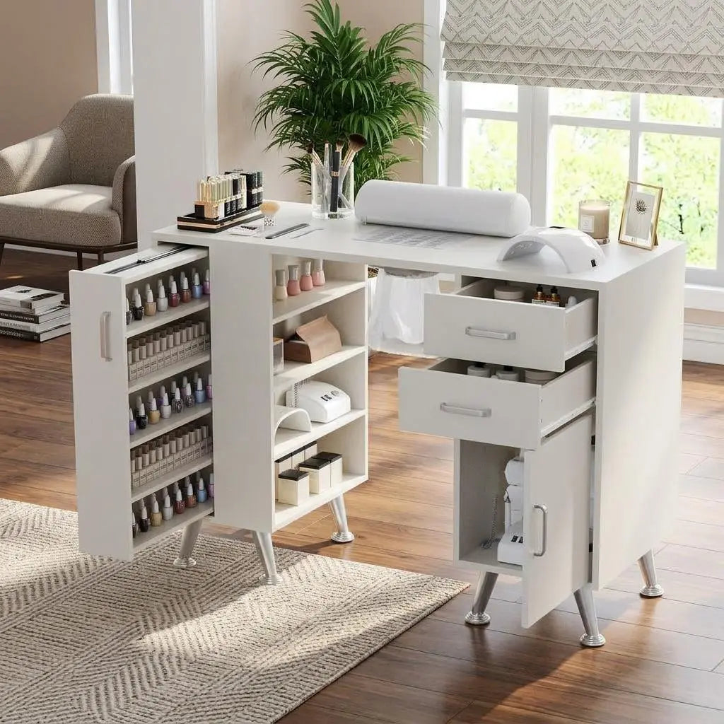 Zr-Garvee 42 Inch Nail Tech Station with Vertical Storage Locker and 4 Tier Open Shelves Professional Manicure Desk with Dust Collector and Storage Drawers