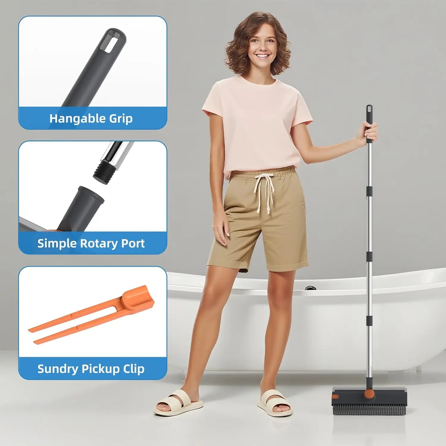 Scrub Brush with Long Handle 3 in 1 Shower Scrubber Floor Broom Squeegee for Concrete Tile Wall Deck Patio Grey 180° Stiff Bristle Brush Full Rotation Smooth Silicone Squeegee Adjustable Extended Handle
