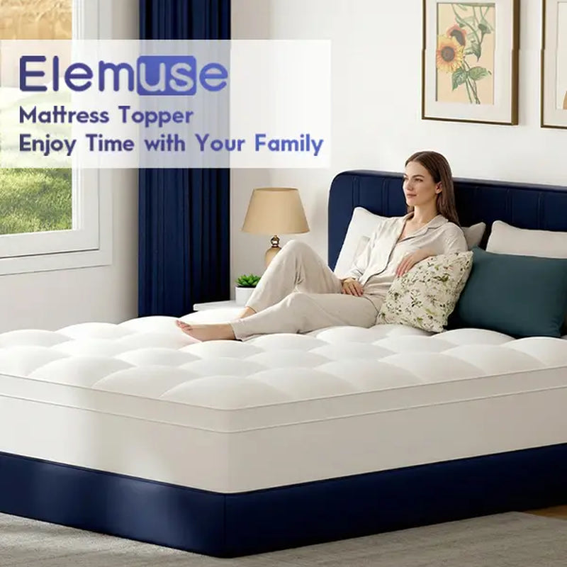 【Tiktok Shop Mother'S Day】Elemuse Extra Thick Mattress Topper for Back Pain, Plush Soft Pillowtop with Elastic Deep Pocket, Cooling down Alternative Filling, Soft Pillow Top for Better Sleep & Back Pain Relief