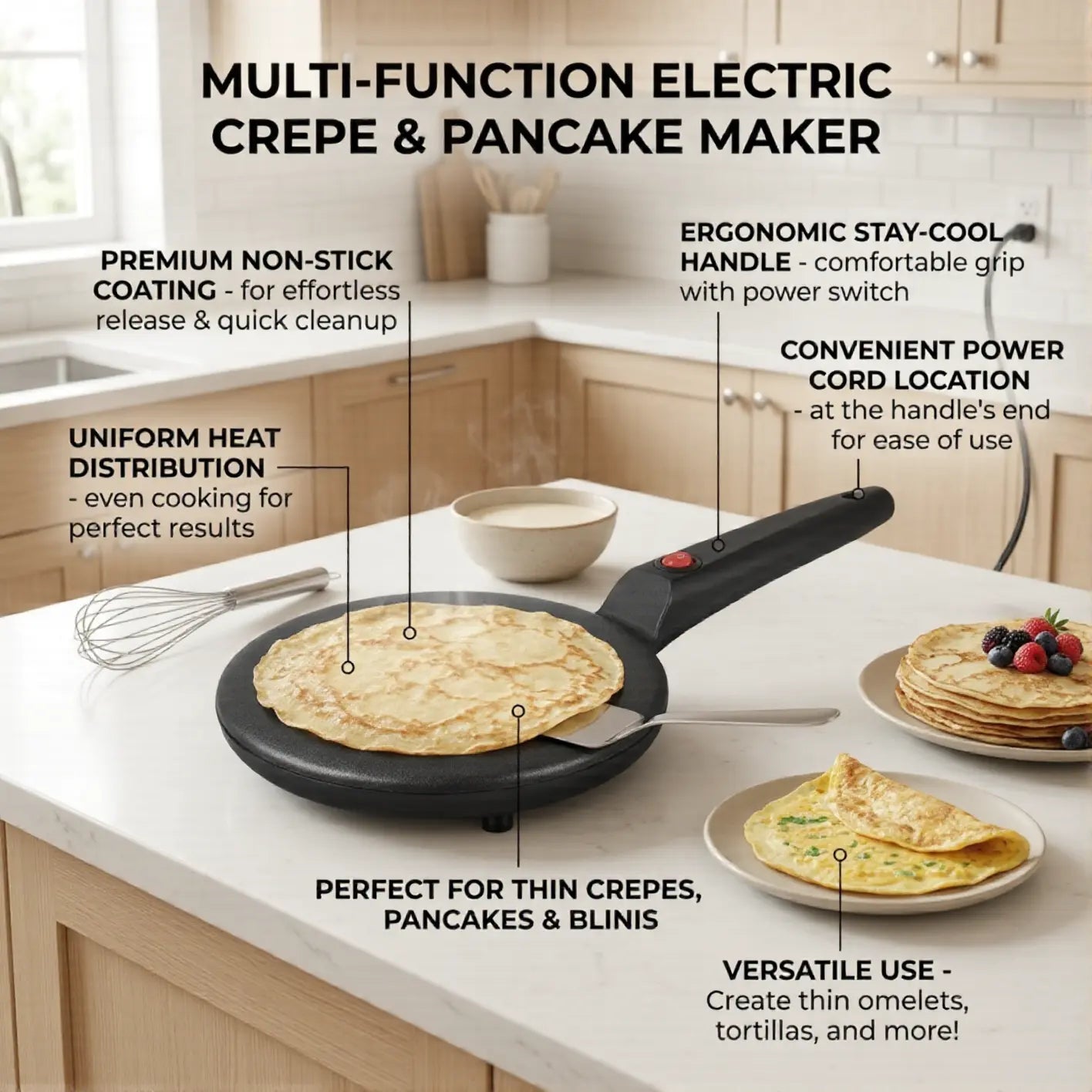 Multi-Function Pancake Maker, Non-Stick Crepe Maker & Crepe Machine - Non-Stick Heating Plate with LED Indicator Light, Easy to Clean, Compact Home Breakfast Machine