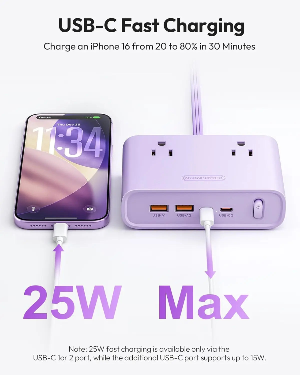 NTONPOWER Flat Plug Power Strip, Desktop Charging Station with 25W USB C Ports, Purple Extension Cord with 4 AC Outlets, 5Ft Flat Extension Cord for Home Office, Dorm Room Essentials,Mother'S Day Gift Ideas