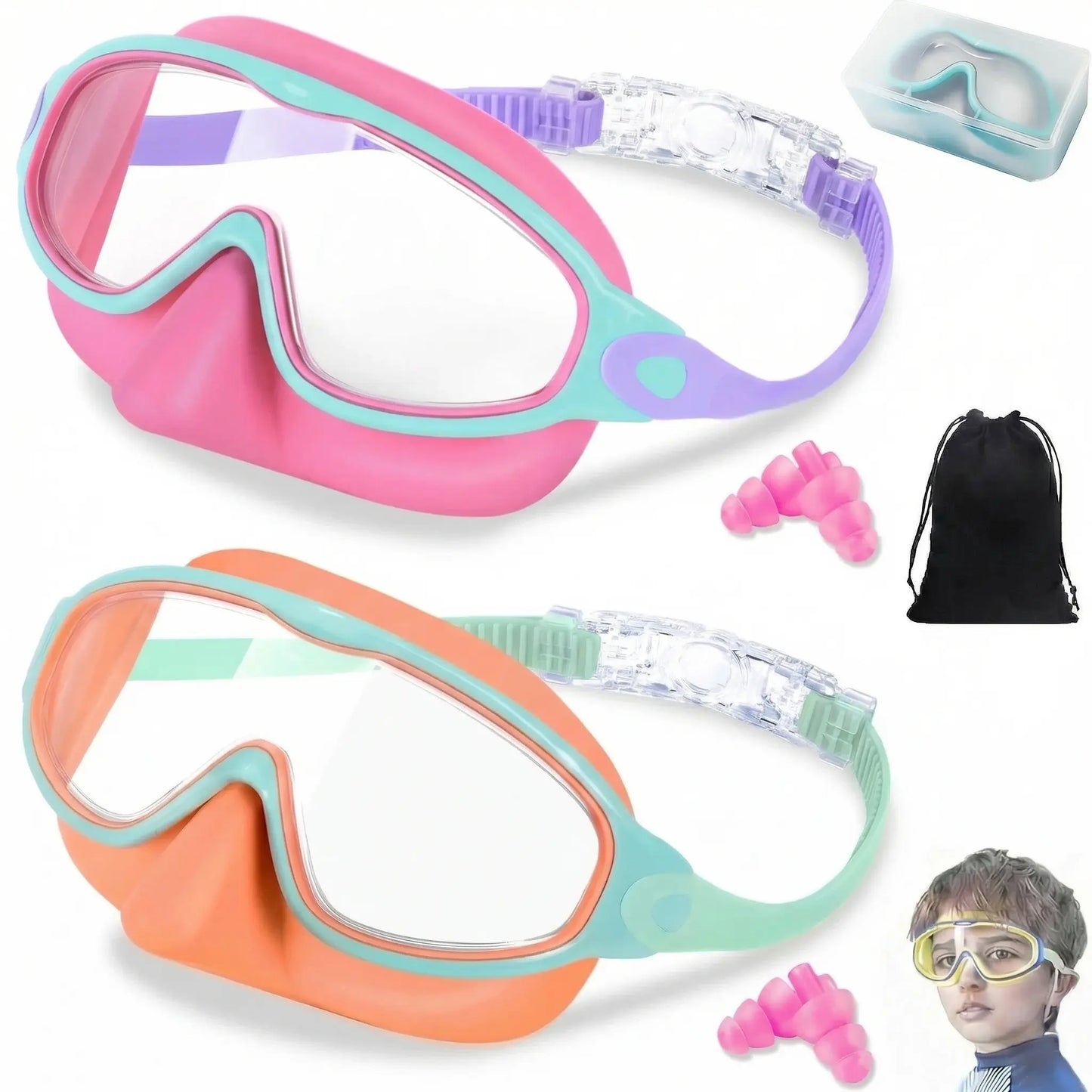 MERSUN 2 Pack Kids Swim Goggles with Nose Cover for 3-15 Anti-Uv Anti-Fog Pool Water Swimming Goggles Boys Girls Youth Toddler