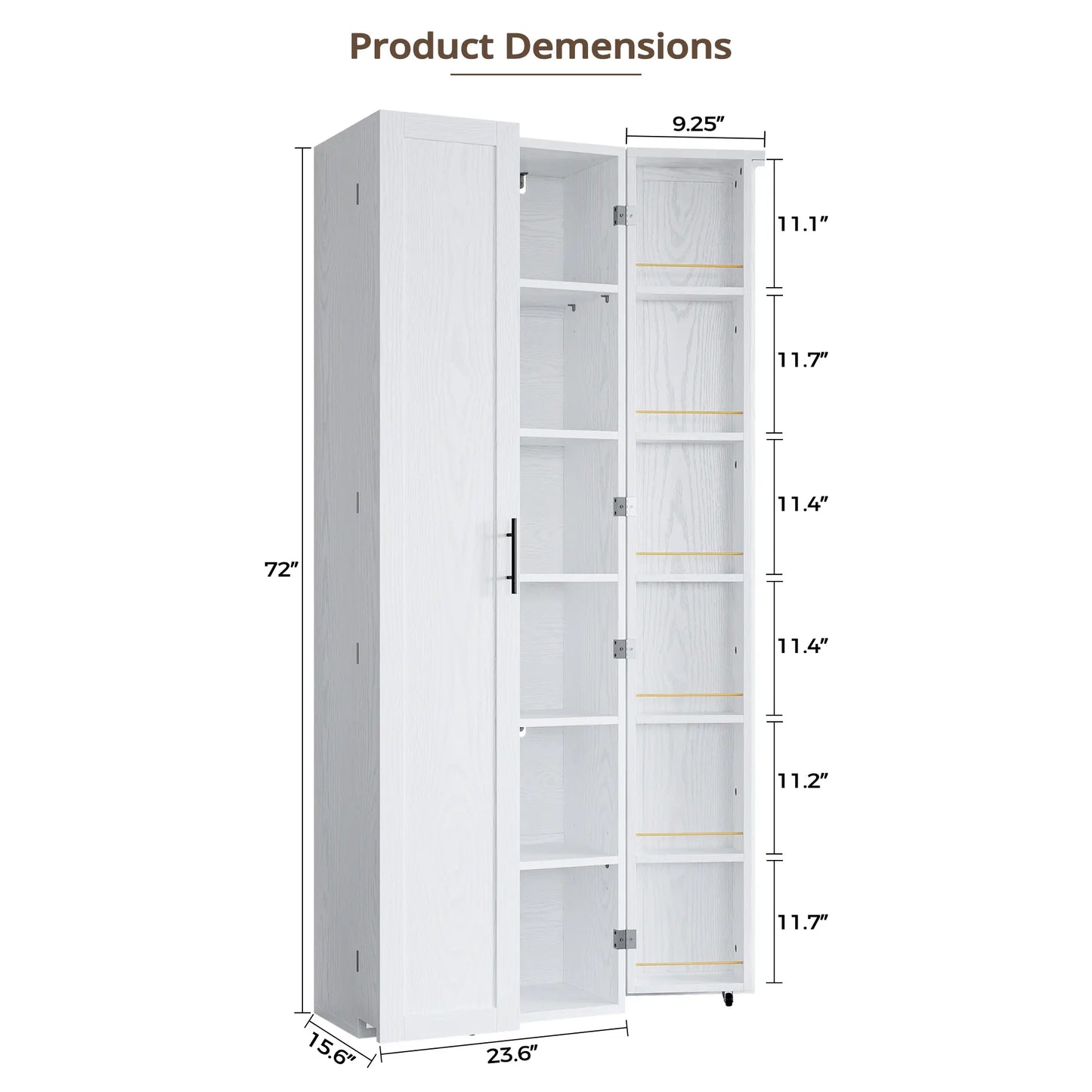 IRONCK 72" Freestanding Kitchen Pantry Storage Cabinet, Cupboard with 2 Doors & 12 Hanging Shelves for Storage Organization in Dining Room, Living Room