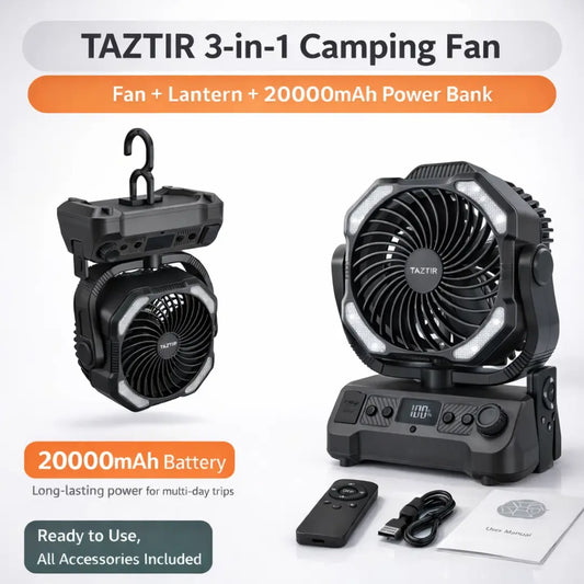 Mother'S Day Gift Taztir 3-In-1 Portable Camping Fan with 20000Mah Battery, Rechargeable Desktop Fan with LED Light & Power Bank, No Plug, 4 Speeds Strong Airflow for Camping, Bedroom, Office & Emergency