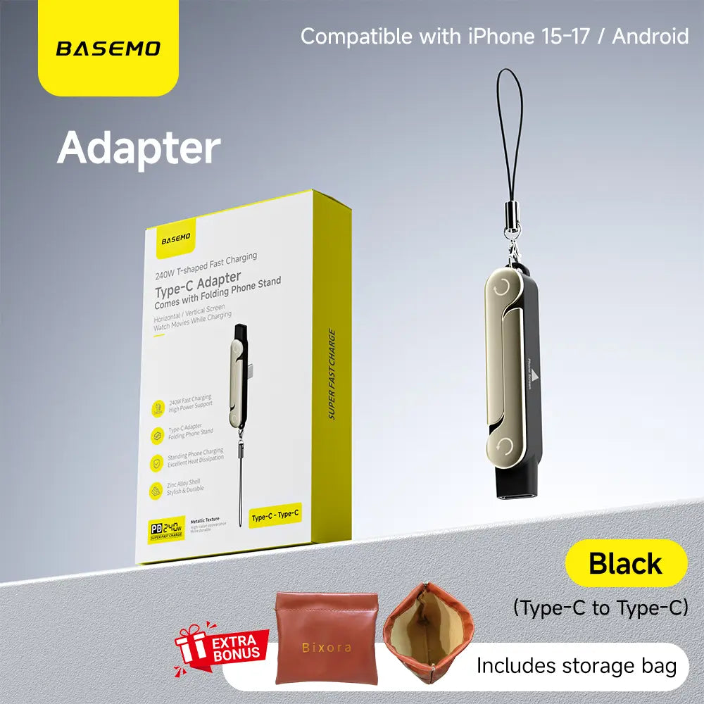 [March Warranty] Basemo New Upgraded 240W Super-Fast Charger with Detachable 2-In-1 360° Invisible Stand, Zinc Alloy & Silicone Type-C 1.5Rice Cable – Ideal for Gaming, Office, Car Use, and Travel – Compatible with Apple and Samsung Devices
