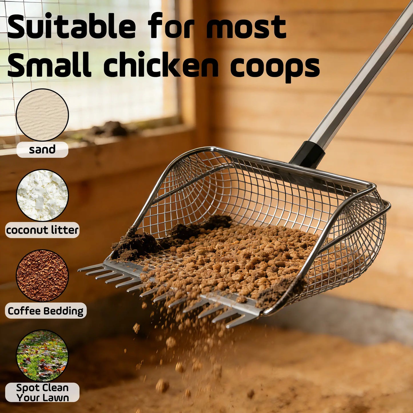 Chicken Poop Scooper, Rake&Scoop 2-In-1,Adjustable Telescopic Less Weight Handle,Sifting Shovel Litter Scooper for Chick Poultry Waste Clean at Coop Home Backyard Farm