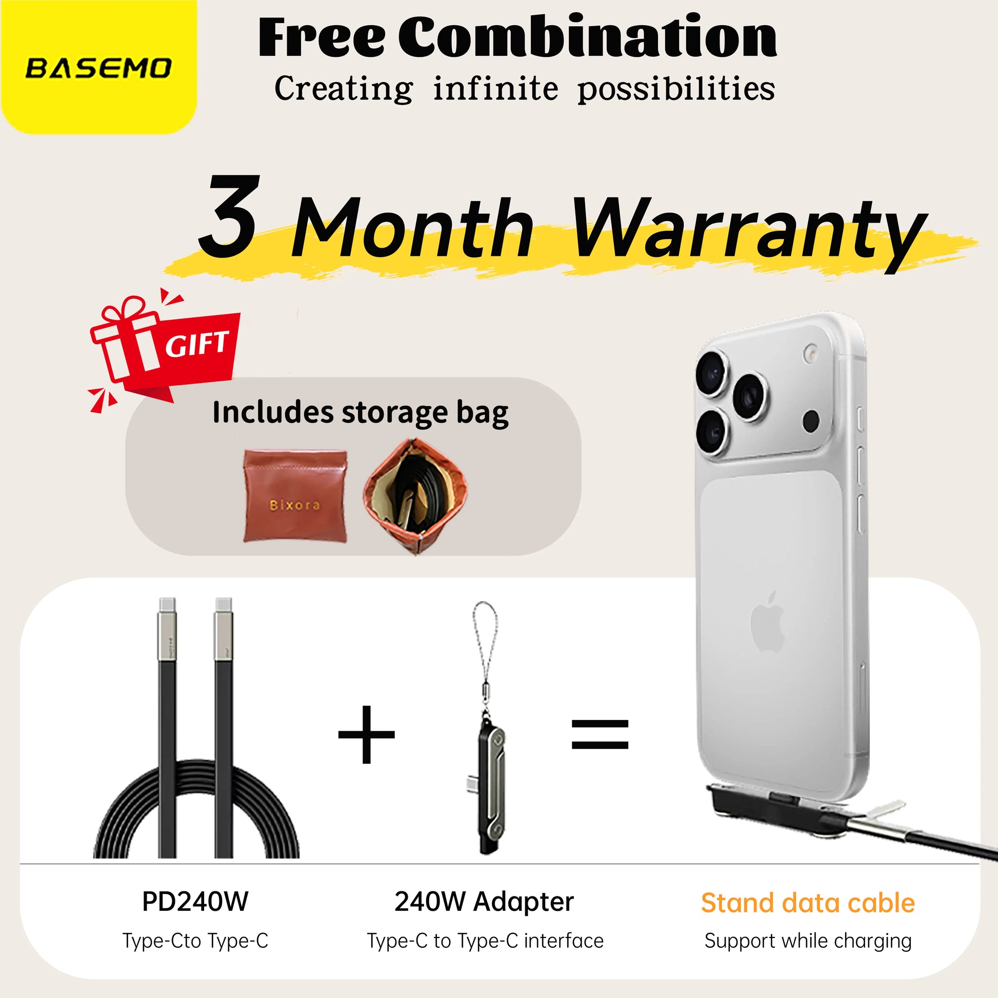 [March Warranty] Basemo New Upgraded 240W Super-Fast Charger with Detachable 2-In-1 360° Invisible Stand, Zinc Alloy & Silicone Type-C 1.5Rice Cable – Ideal for Gaming, Office, Car Use, and Travel – Compatible with Apple and Samsung Devices