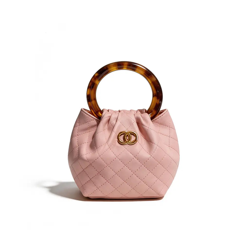 The Tangerine Ring Pouch - Chic Quilted Bucket Bag Soft Faux Leather with Tortoiseshell Handle for Summer Vacation Resort Trendy All-Match Commuter Bag