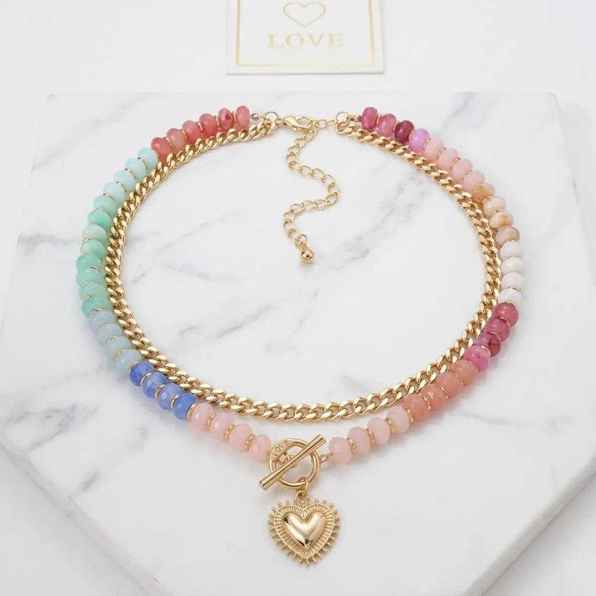 Dopamine-Enhanced Colored Beaded Double-Layer Necklace, Heart-Shaped Pendant Chain, Clavicle Chain, Unique Stacked Heart Pendant, Women'S Jewelry Gift.