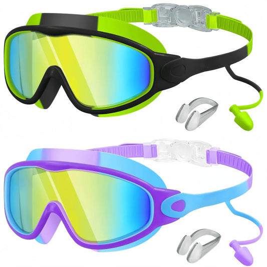 Kids' Snorkeling Mask with Earplugs & Nose Clip, Anti-Fog UV Waterproof Swim Goggles for Ages 5-14, Comfortable Silicone Frame for Safe Diving, UV Swimming Goggles, Swimming Accessories
