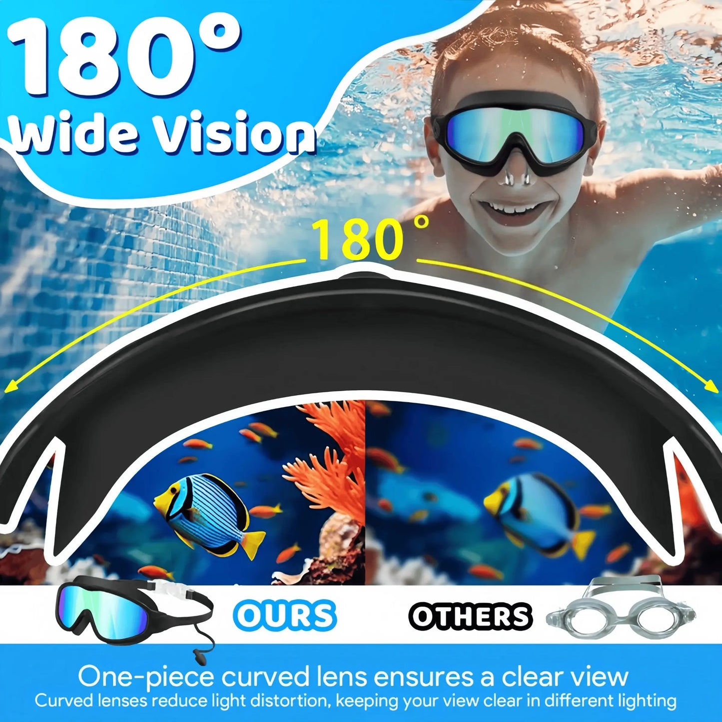 Kids' Snorkeling Mask with Earplugs & Nose Clip, Anti-Fog UV Waterproof Swim Goggles for Ages 5-14, Comfortable Silicone Frame for Safe Diving, UV Swimming Goggles, Swimming Accessories