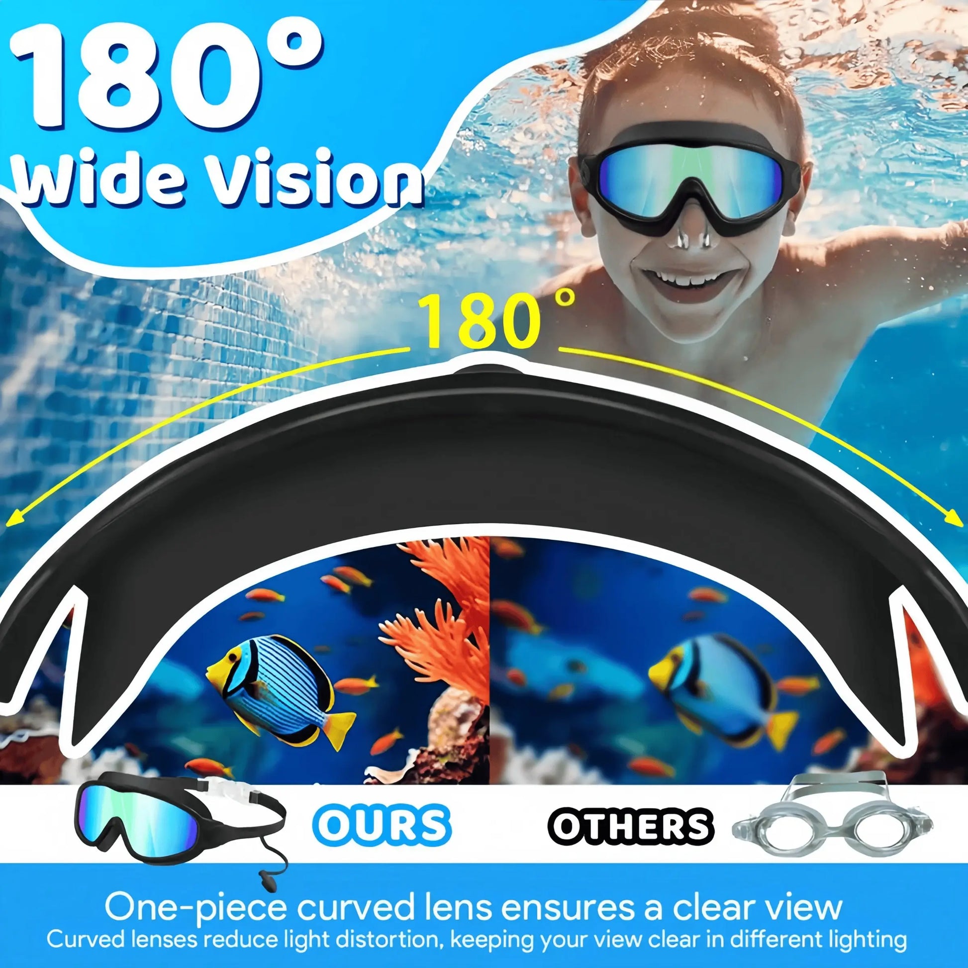 Kids' Snorkeling Mask with Earplugs & Nose Clip, Anti-Fog UV Waterproof Swim Goggles for Ages 5-14, Comfortable Silicone Frame for Safe Diving, UV Swimming Goggles, Swimming Accessories
