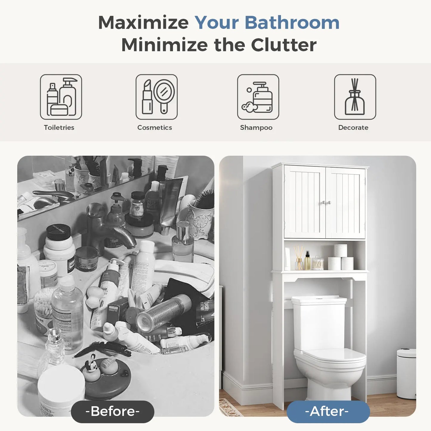 【Mother'Sdaygift】Over the Toilet Storage Cabinet, Bathroom Storage Cabinet over Toilet with Double Doors and Adjustable Shelf, Freestanding Toilet Rack for Bathroom, Black
