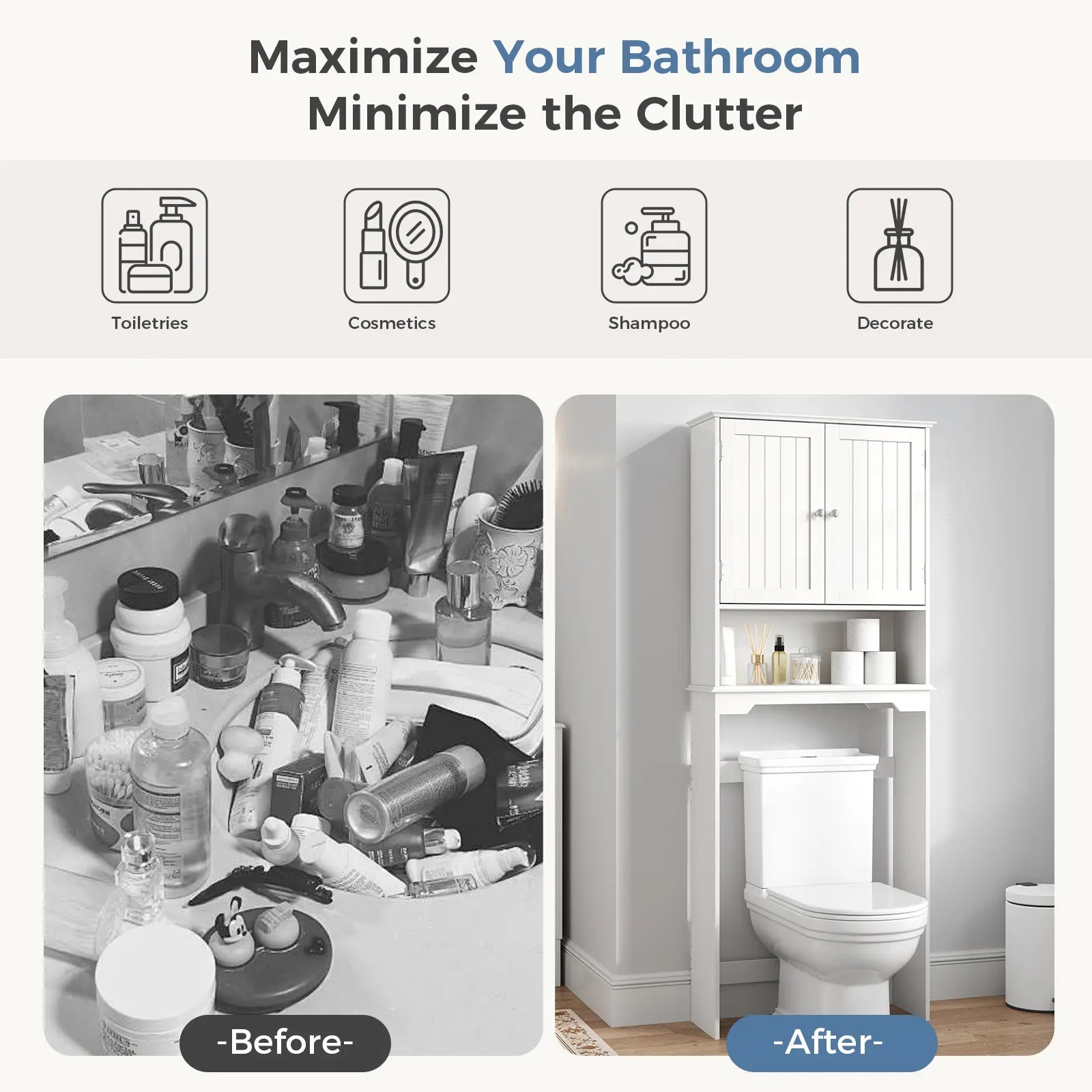 【Mother'Sdaygift】Over the Toilet Storage Cabinet, Bathroom Storage Cabinet over Toilet with Double Doors and Adjustable Shelf, Freestanding Toilet Rack for Bathroom, Black
