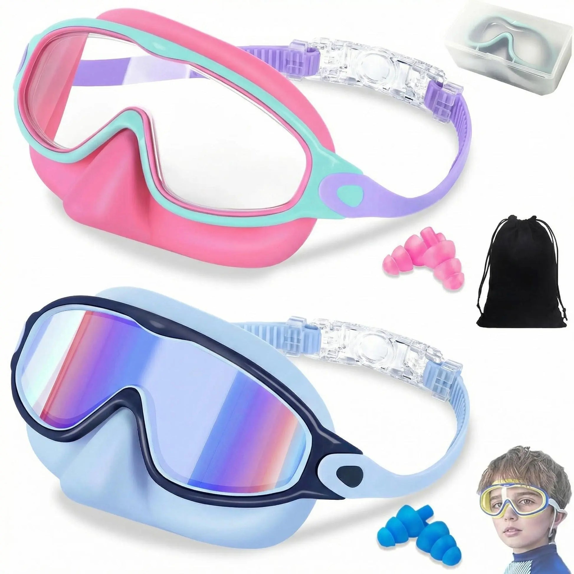 MERSUN 2 Pack Kids Swim Goggles with Nose Cover for 3-15 Anti-Uv Anti-Fog Pool Water Swimming Goggles Boys Girls Youth Toddler