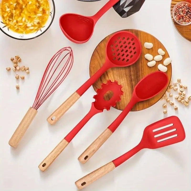 34-Piece Silicone Kitchen Utensil Set with Stand Heat-Resistant Cooking Tools & Spatulas for Non-Stick Cookware Black Wooden-Handle Gadget Set in Black Pink and Red