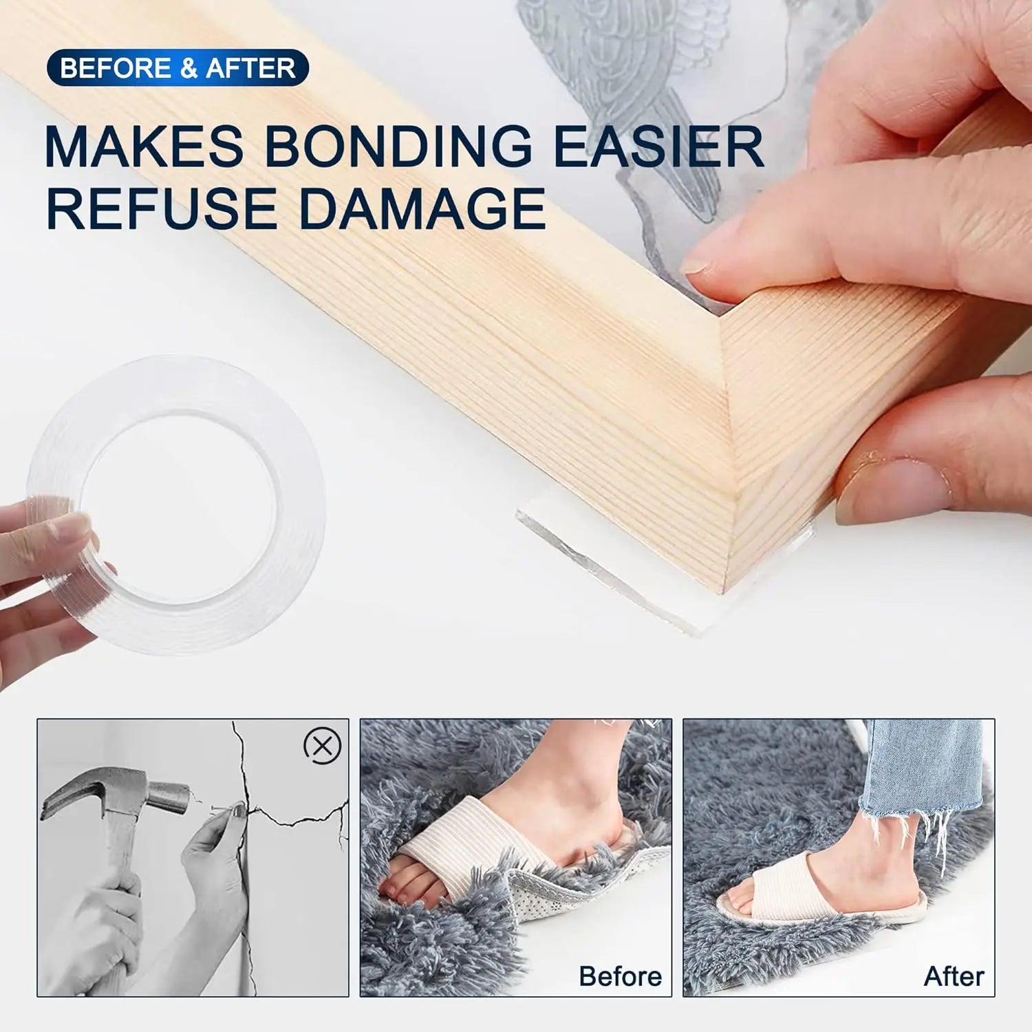 Ultra-Strong Double Sided Adhesive Nano Tape Heavy Duty Transparent Reusable Tapes Heat Resistance for Bathroom Home Decoration Picture Hanging Picture Hanging 10.5FT Traceless Magic Tape