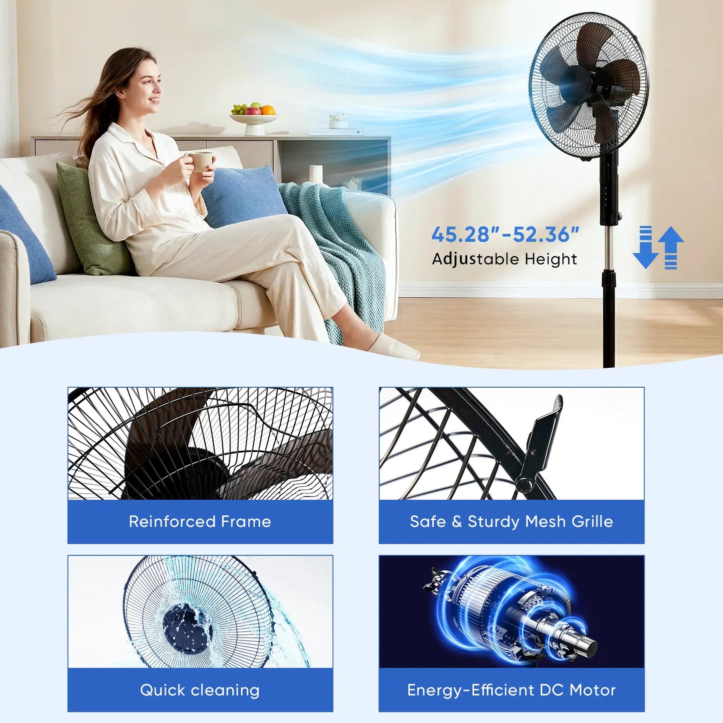 Pedestal Fan with Remote for Bedroom, Living Room, Office, Adjustable Height, 3 Speeds, 3 Modes, Timer, Tilt Head