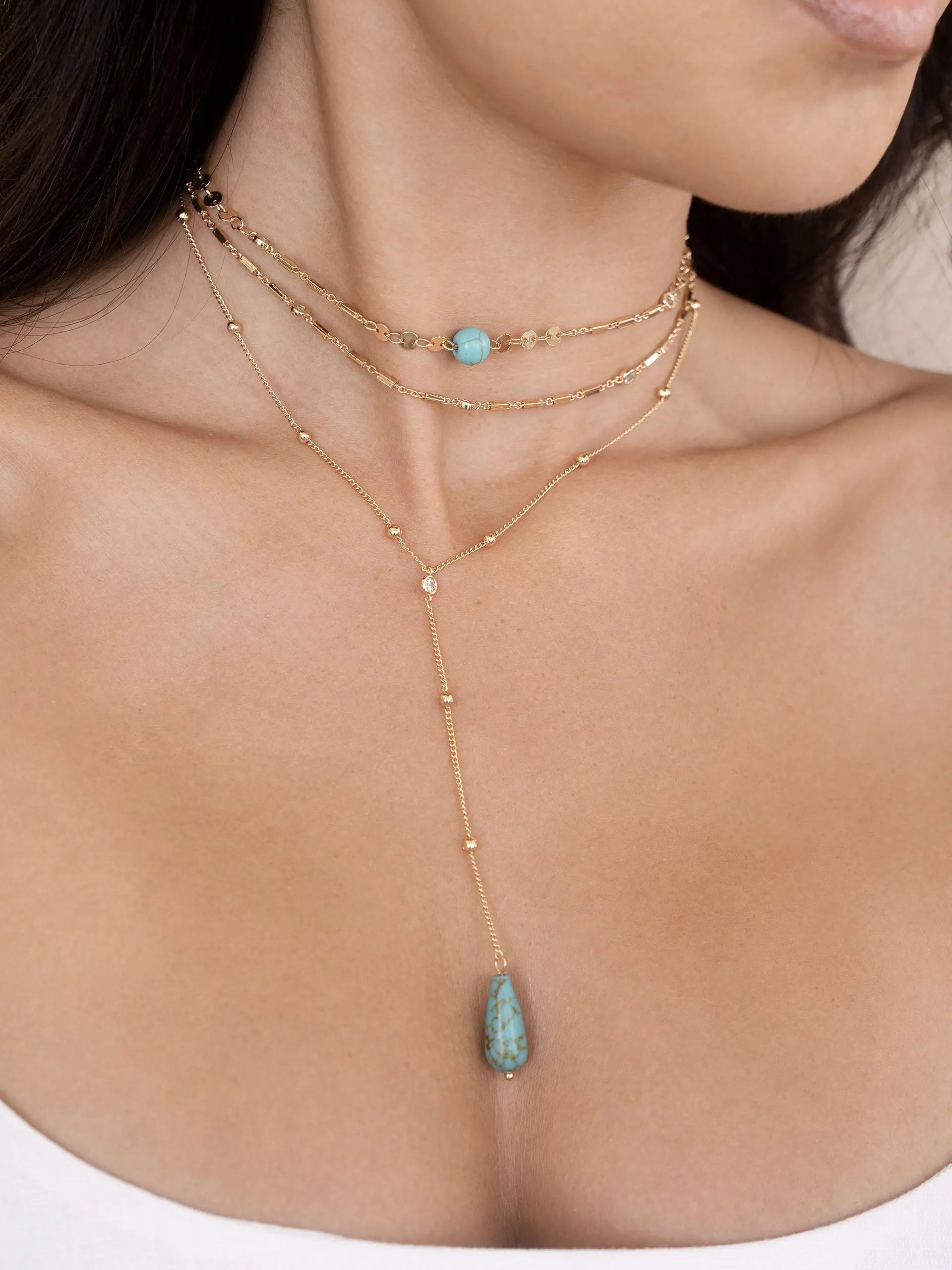 Ettika Forever Falling Turquoise Lariat Necklace with Turquoise Pendant and Gold Chain
