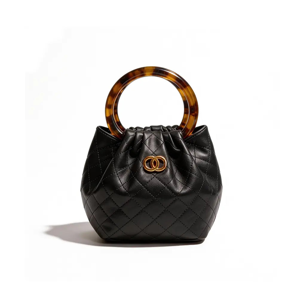 The Tangerine Ring Pouch - Chic Quilted Bucket Bag Soft Faux Leather with Tortoiseshell Handle for Summer Vacation Resort Trendy All-Match Commuter Bag