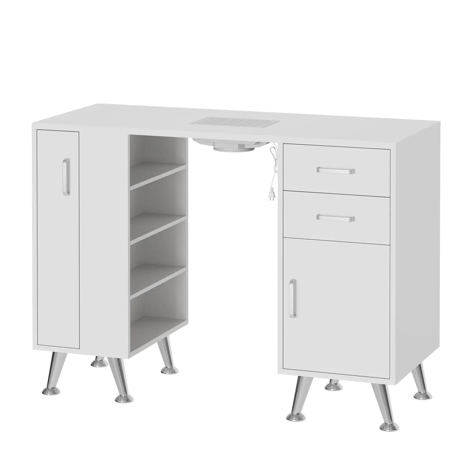 Zr-Garvee 42 Inch Nail Tech Station with Vertical Storage Locker and 4 Tier Open Shelves Professional Manicure Desk with Dust Collector and Storage Drawers