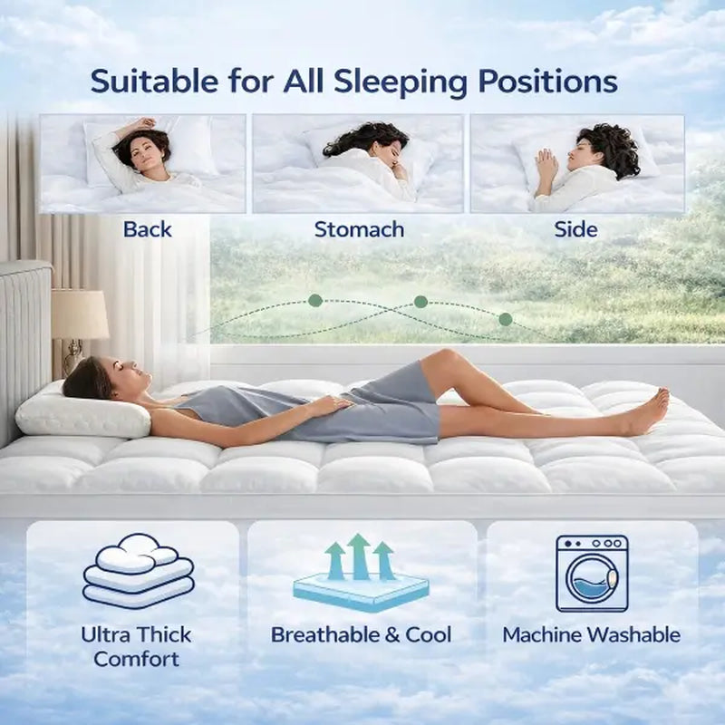 【Tiktok Shop Mother'S Day】Elemuse Extra Thick Mattress Topper for Back Pain, Plush Soft Pillowtop with Elastic Deep Pocket, Cooling down Alternative Filling, Soft Pillow Top for Better Sleep & Back Pain Relief