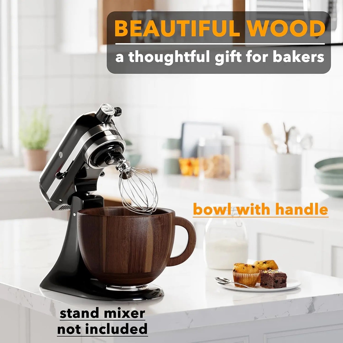 Spaceaid Wooden Bowl with Handle for Stand Mixer – Acacia Wood Mixing Bowl, 4.5–5 QT Tilt-Head Compatible