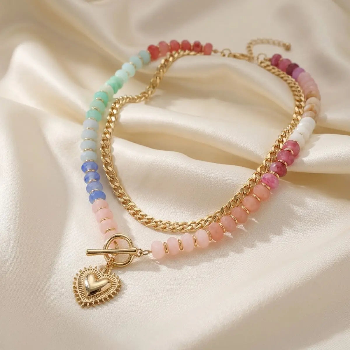 Dopamine-Enhanced Colored Beaded Double-Layer Necklace, Heart-Shaped Pendant Chain, Clavicle Chain, Unique Stacked Heart Pendant, Women'S Jewelry Gift.