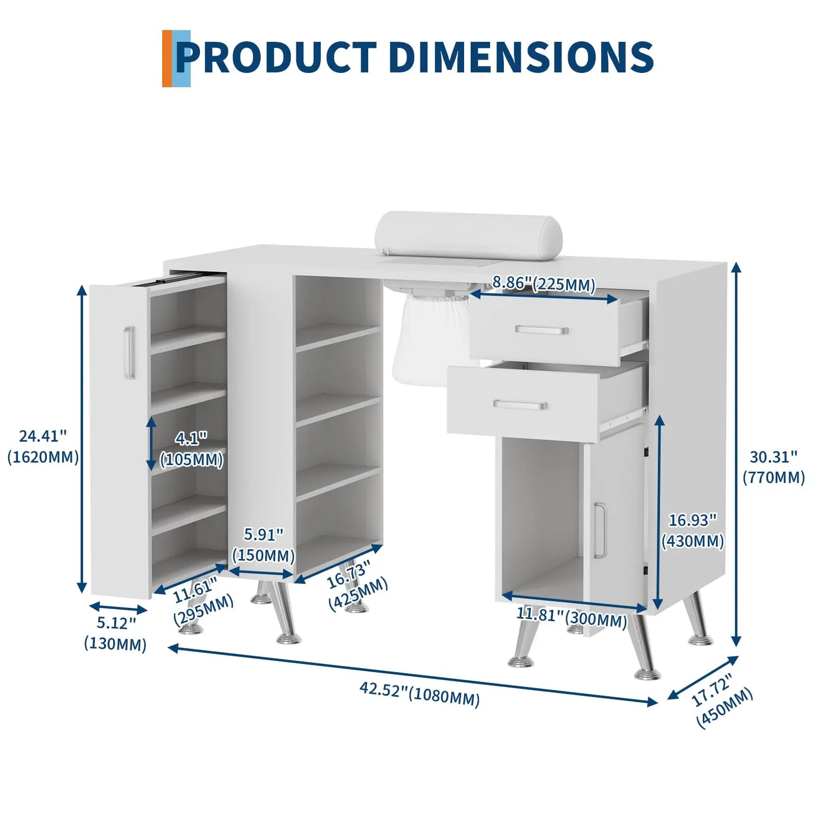 Zr-Garvee 42 Inch Nail Tech Station with Vertical Storage Locker and 4 Tier Open Shelves Professional Manicure Desk with Dust Collector and Storage Drawers