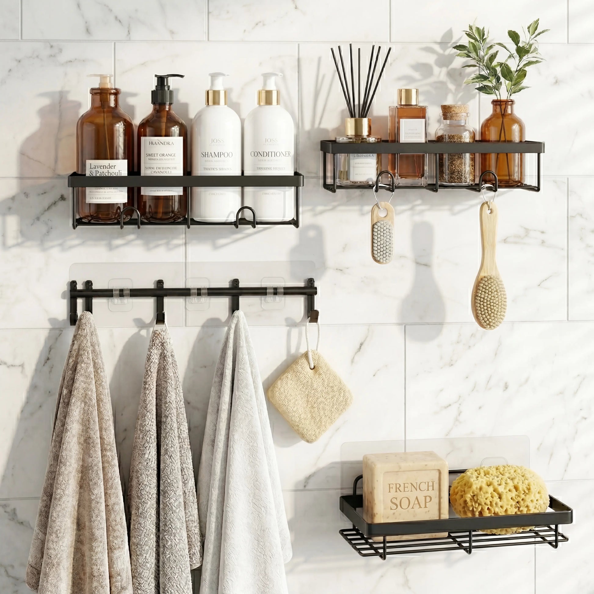 Rustproof Black Shower Caddy Set Bathroom Towel Stainless Self-Adhesive Steel