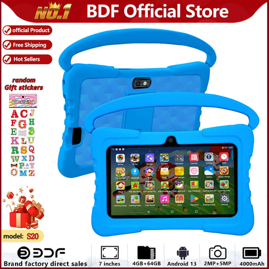 7-Inch Kids Touchscreen Tablet, Quad-Core Android 13.0, 4GB RAM 64GB Storage, 1280X800 Resolution, Dual Cameras, Wifi Bluetooth-Compatible, Parental Control