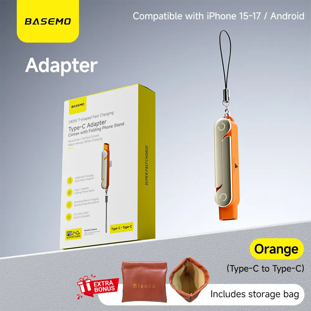 [March Warranty] Basemo New Upgraded 240W Super-Fast Charger with Detachable 2-In-1 360° Invisible Stand, Zinc Alloy & Silicone Type-C 1.5Rice Cable – Ideal for Gaming, Office, Car Use, and Travel – Compatible with Apple and Samsung Devices