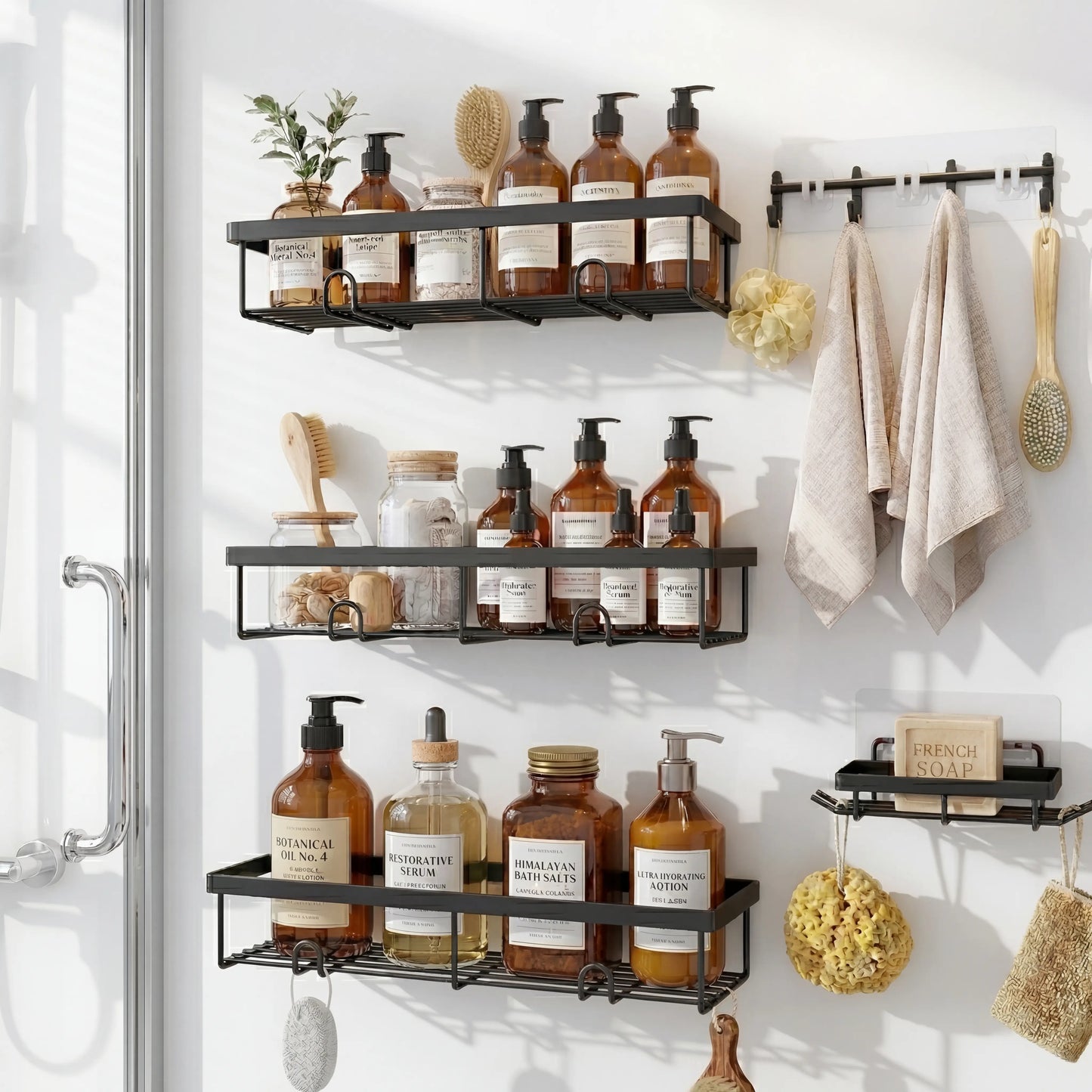 Rustproof Black Shower Caddy Set Bathroom Towel Stainless Self-Adhesive Steel