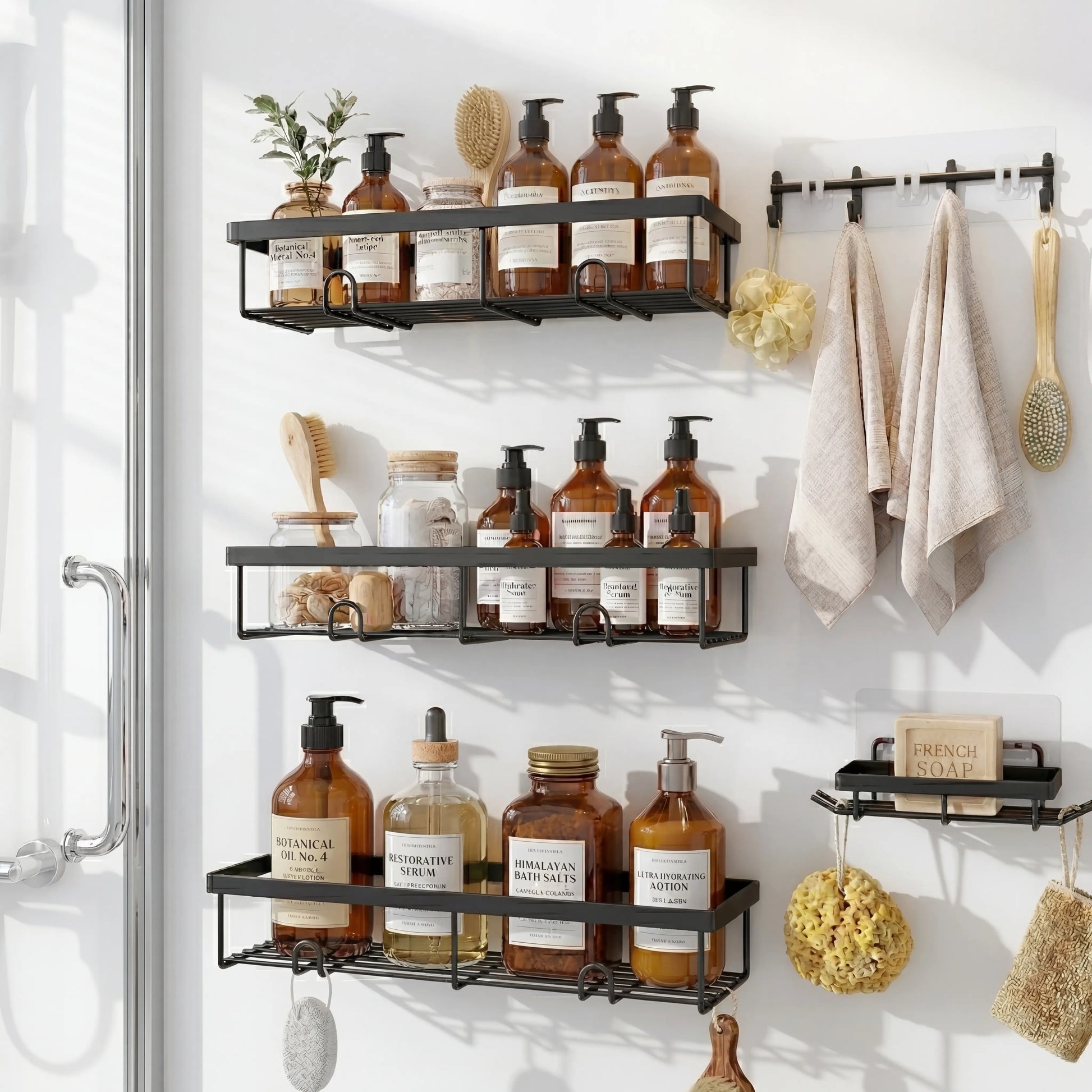 Rustproof Black Shower Caddy Set Bathroom Towel Stainless Self-Adhesive Steel