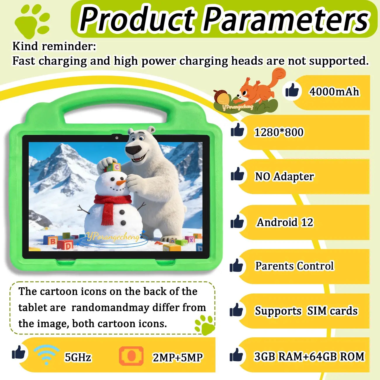 10.1 Inch Learning Tablet for Students and Office, 5G Wi-Fi 3GB RAM 64GB ROM (Support 1TB Microsd), Dual Rear Cameras & Front Camera, Parental Control Mode, Shockproof Kid-Proof Case, Holiday Gift (Power Adapter Navailable in Pink/Blue/Green/Orange