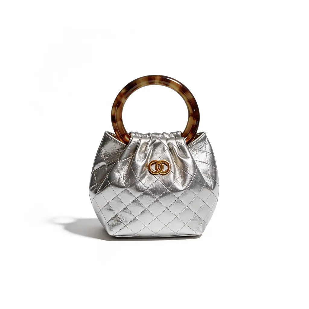 The Tangerine Ring Pouch - Chic Quilted Bucket Bag Soft Faux Leather with Tortoiseshell Handle for Summer Vacation Resort Trendy All-Match Commuter Bag